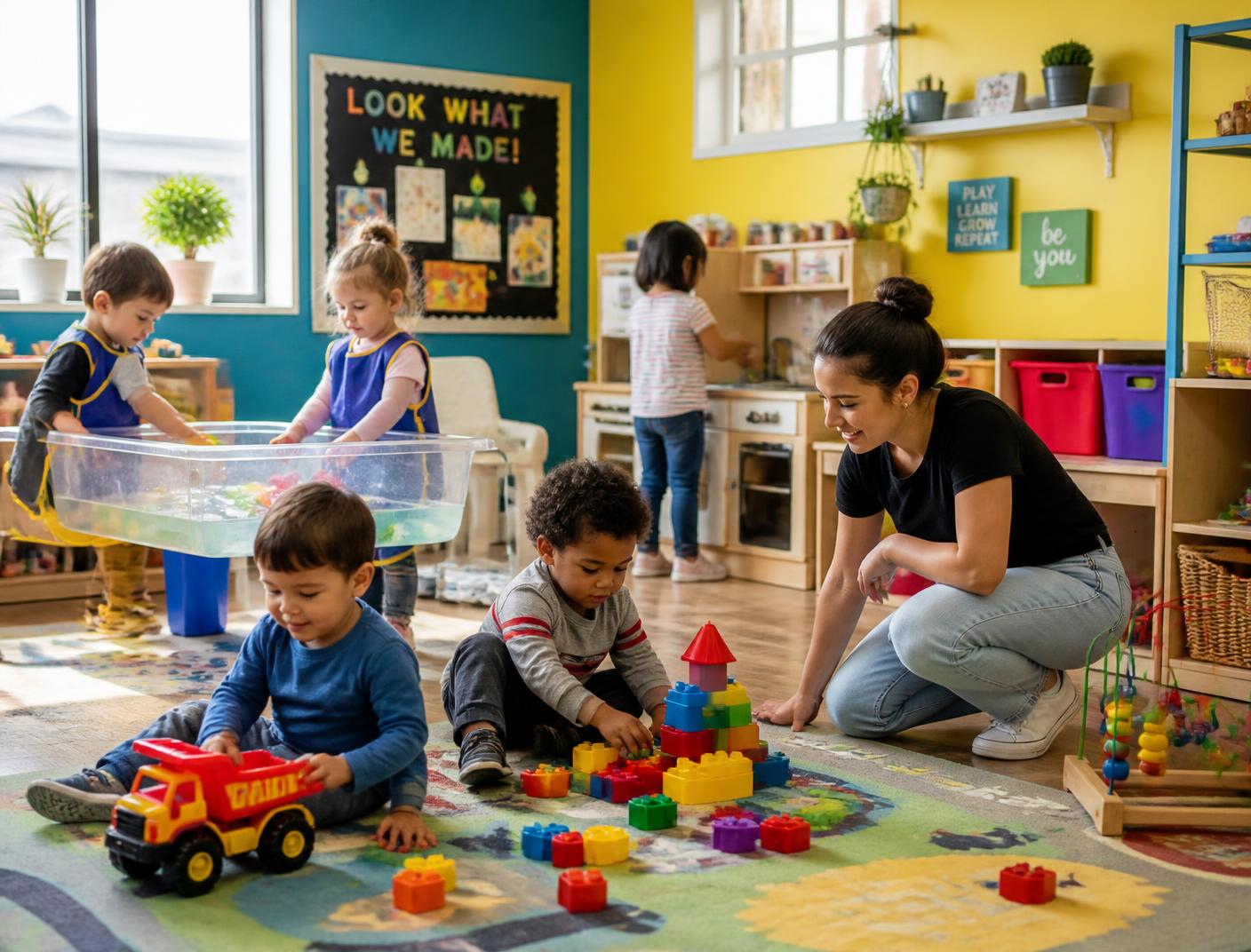 Children’s Town Playcare Center — toddlers playing with blocks, toy vehicles and a water table while an educator joins in