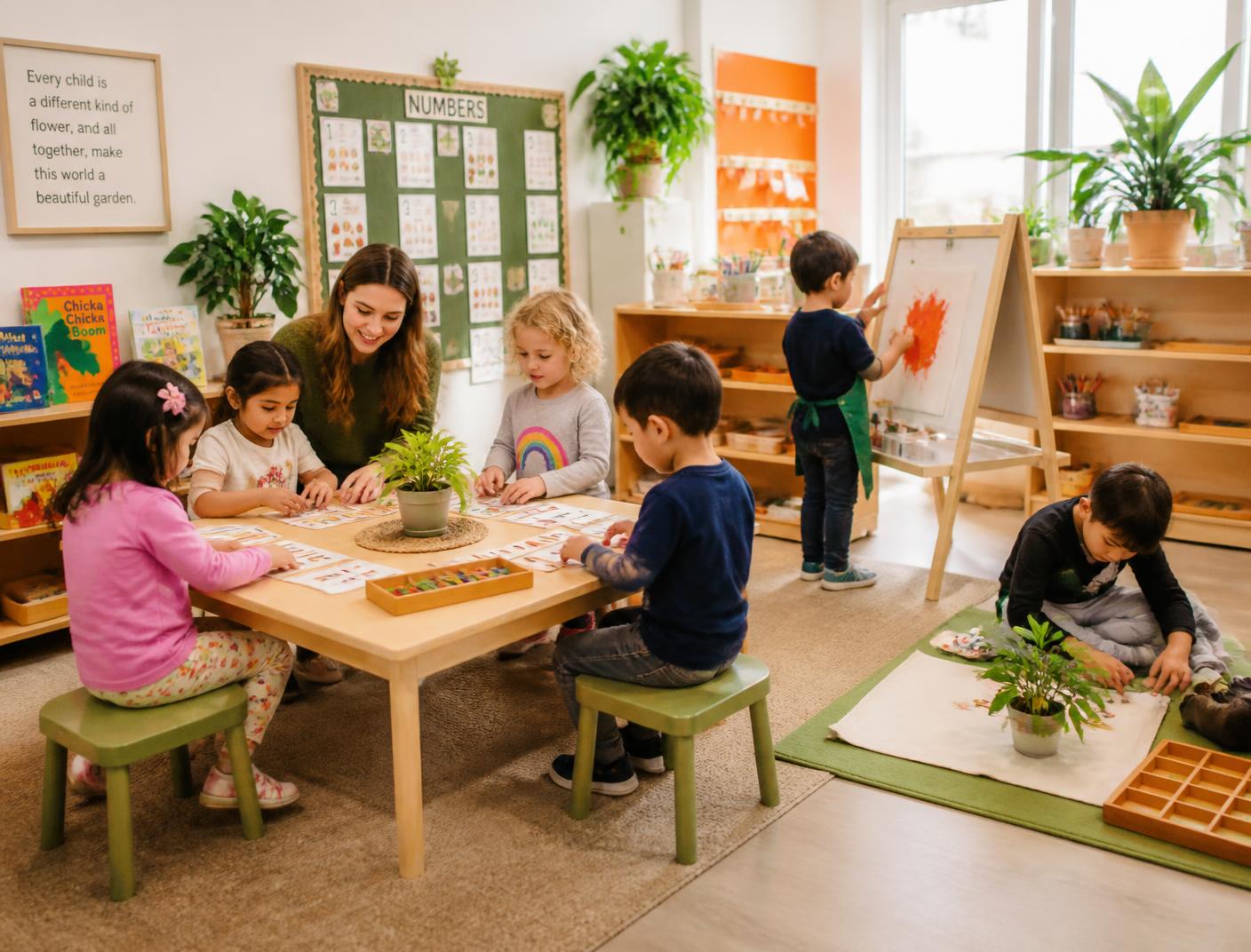 Children’s City School — children doing letter and number activities with an educator, painting at an easel and working on a mat