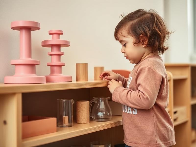 Preschool child selecting Montessori materials from a low wooden shelf