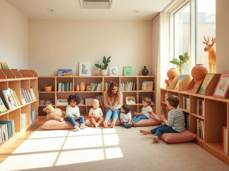 Children and educator reading together in the sunlit centre library