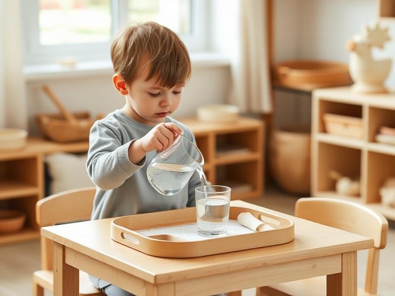 Child practising pouring water as part of a Montessori practical life activity