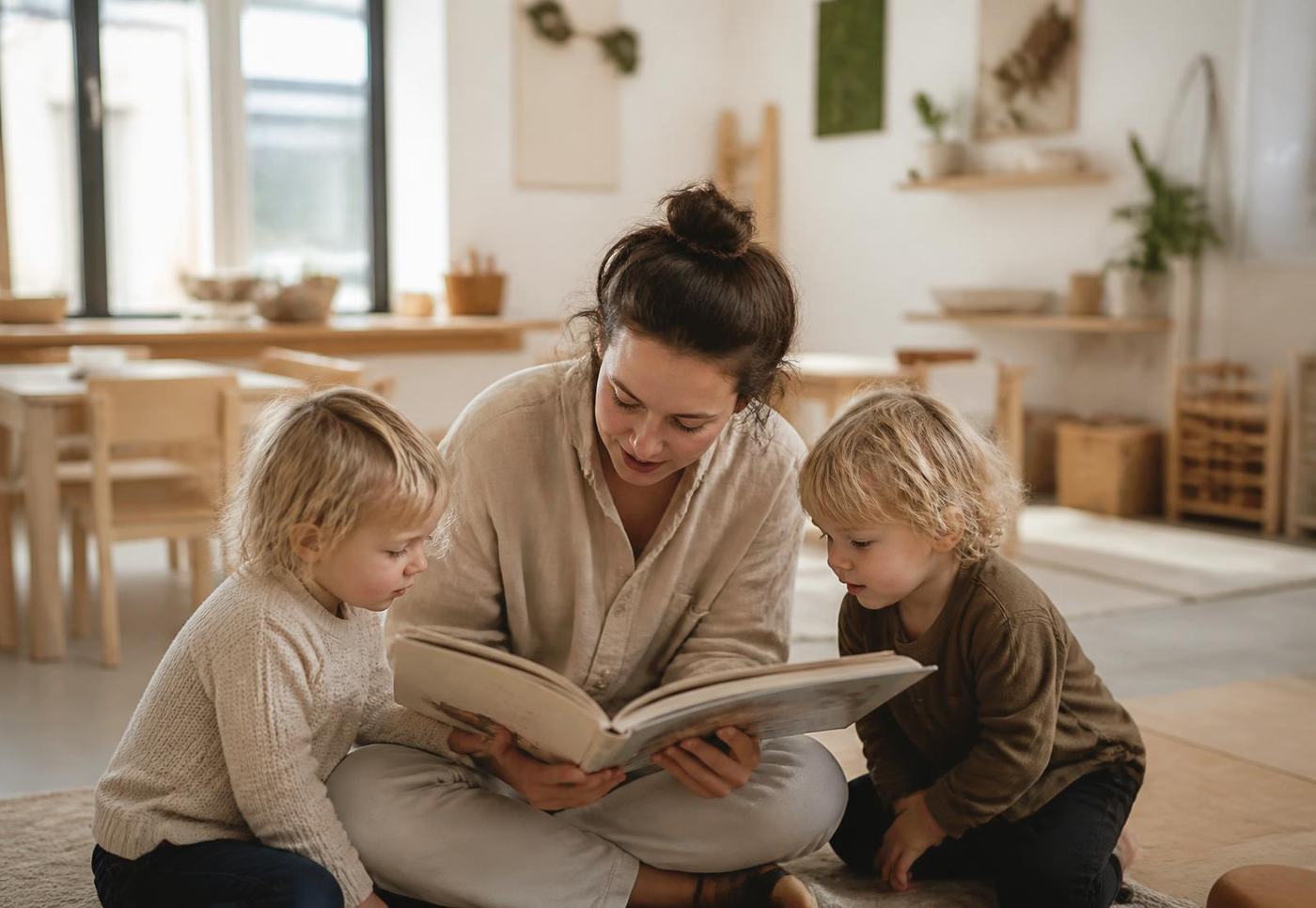 Educator sitting at children’s eye level, reading a picture book