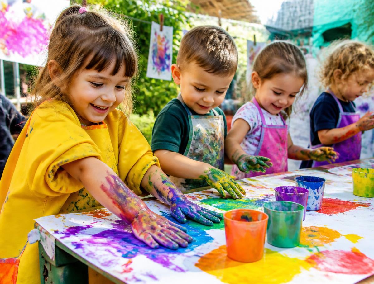 Child mixing paint colours with a brush