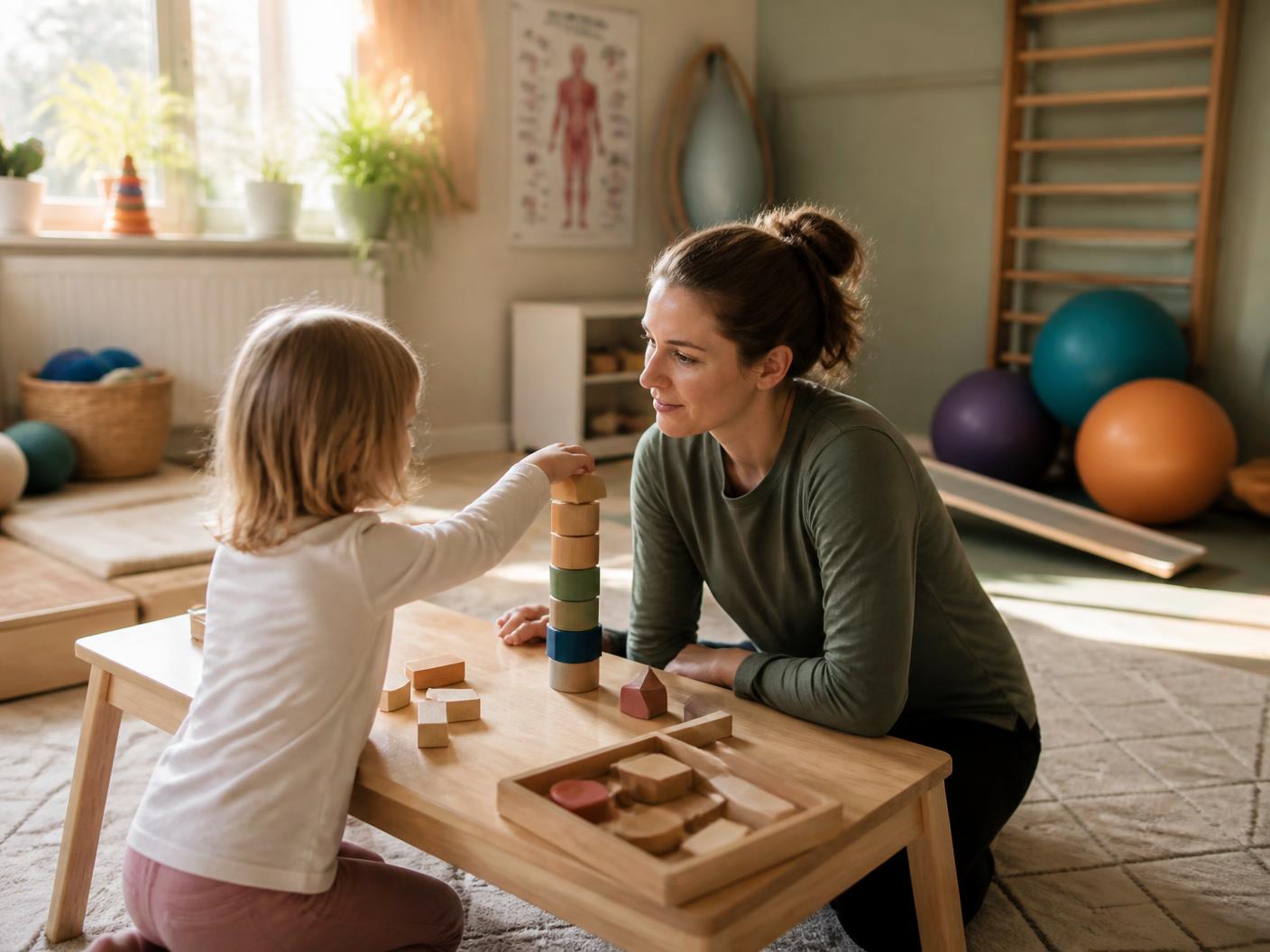 Therapist sitting at a young child’s eye level while the child stacks wooden shapes in a sunlit therapy room
