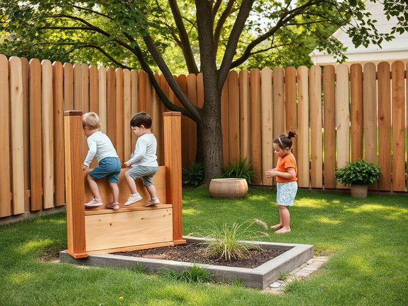 Toddlers climbing and exploring in the fenced outdoor playground