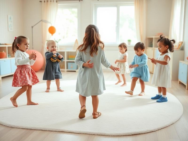 Children and educator enjoying music and movement together on a soft rug